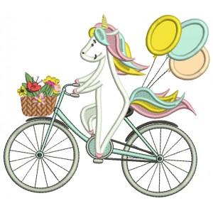 Unicorn Riding a Bicycle With Balloons Applique Machine Embroidery Design Digitized Pattern